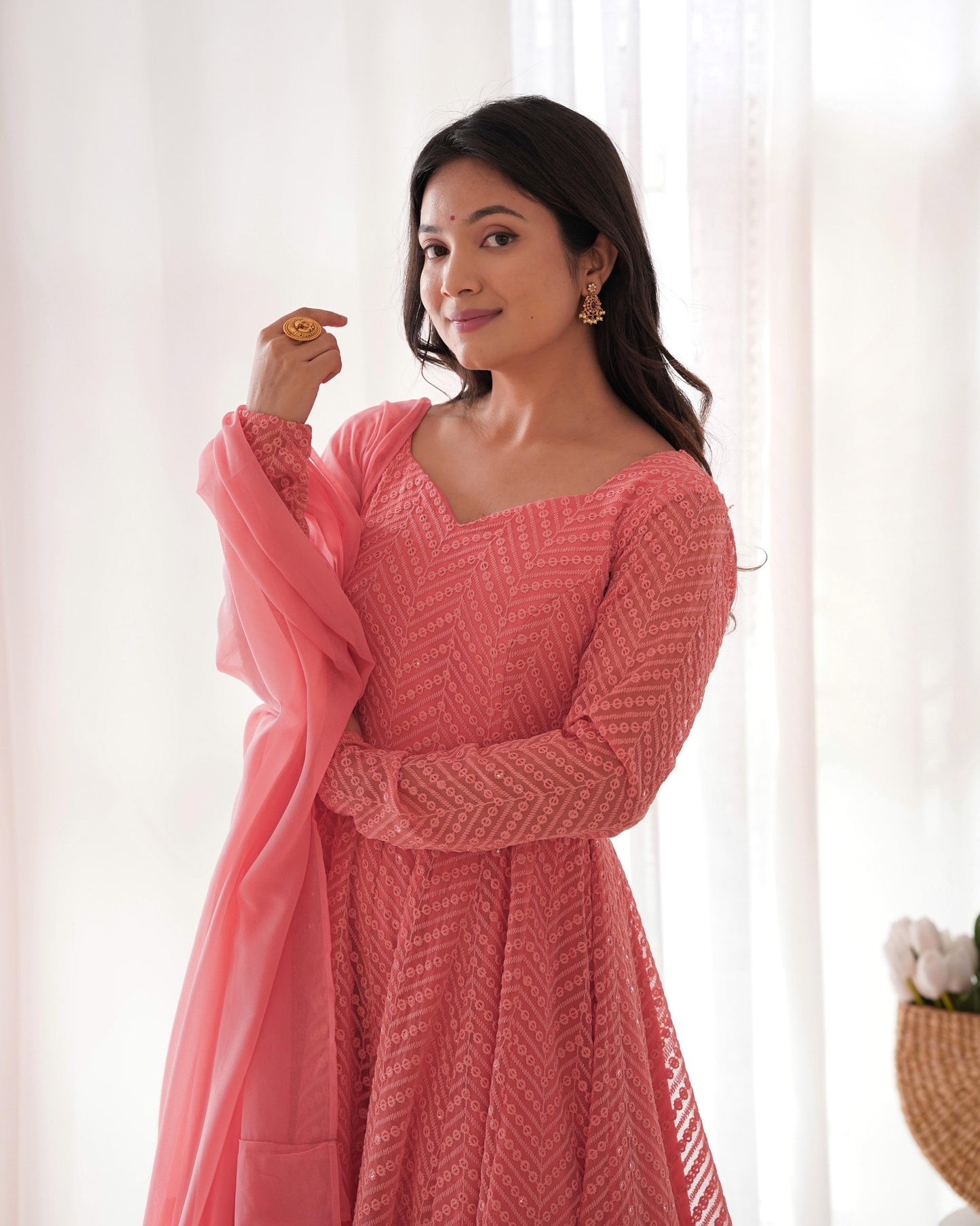 Peach Heavy Pure Soft Fox Georgette with Lucknowi Sequins Work 3pc Kurta Set (Copy)