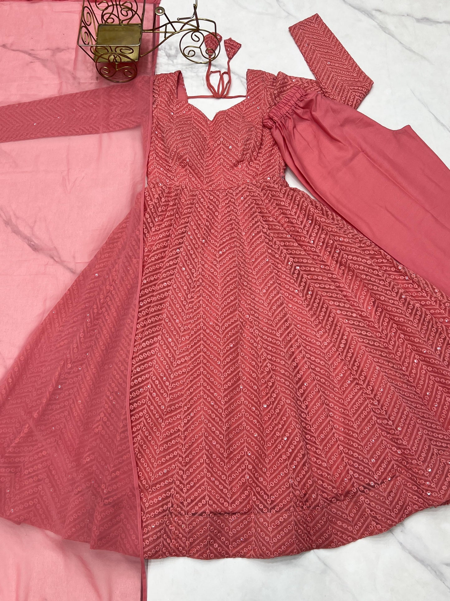 Peach Heavy Pure Soft Fox Georgette with Lucknowi Sequins Work 3pc Kurta Set (Copy)