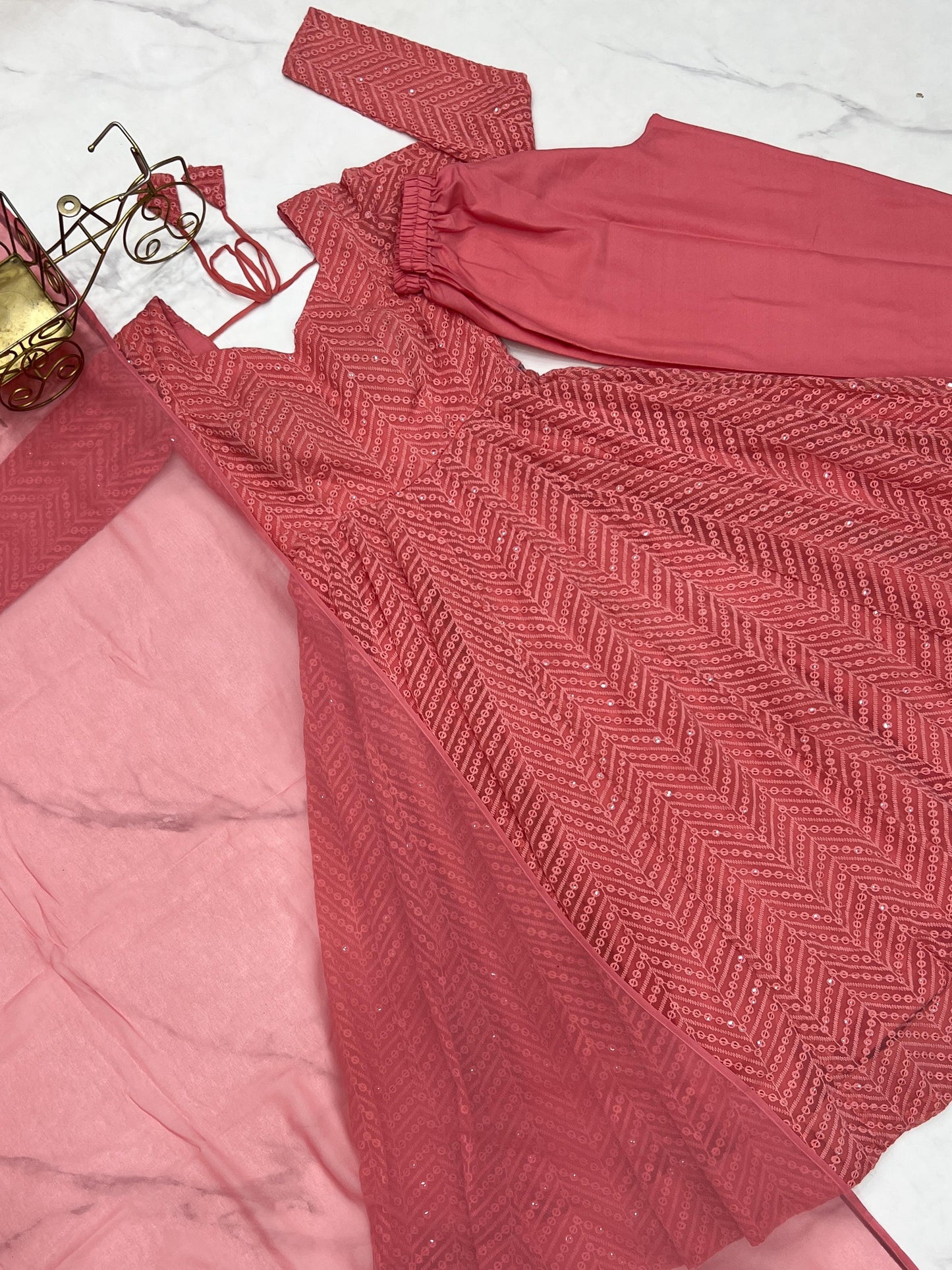 Peach Heavy Pure Soft Fox Georgette with Lucknowi Sequins Work 3pc Kurta Set (Copy)