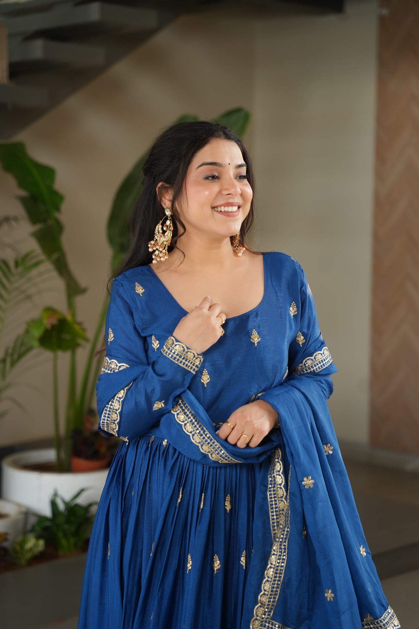 Blue Chinnon with Sequins Work Gown With Dupatta