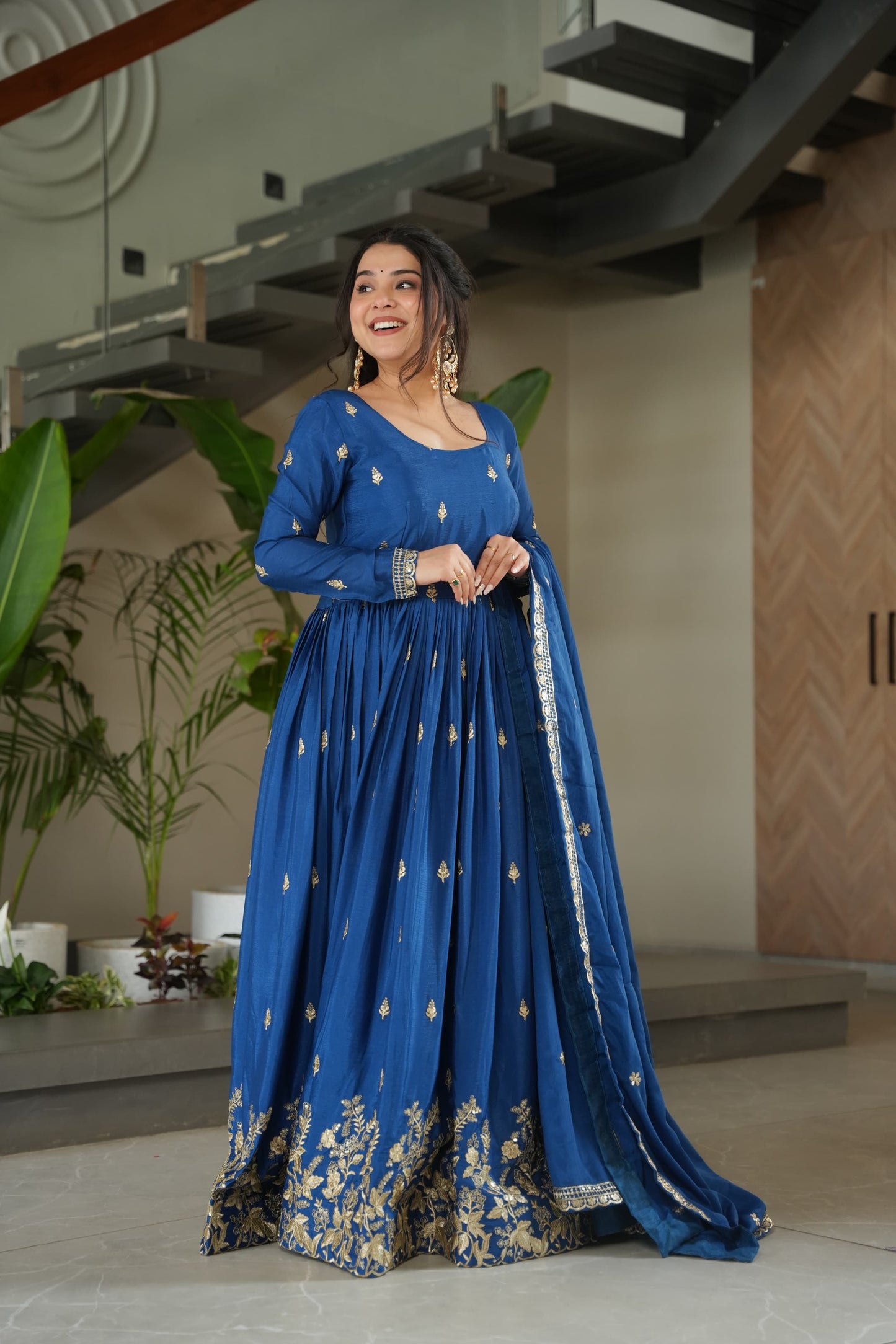 Blue Chinnon with Sequins Work Gown With Dupatta