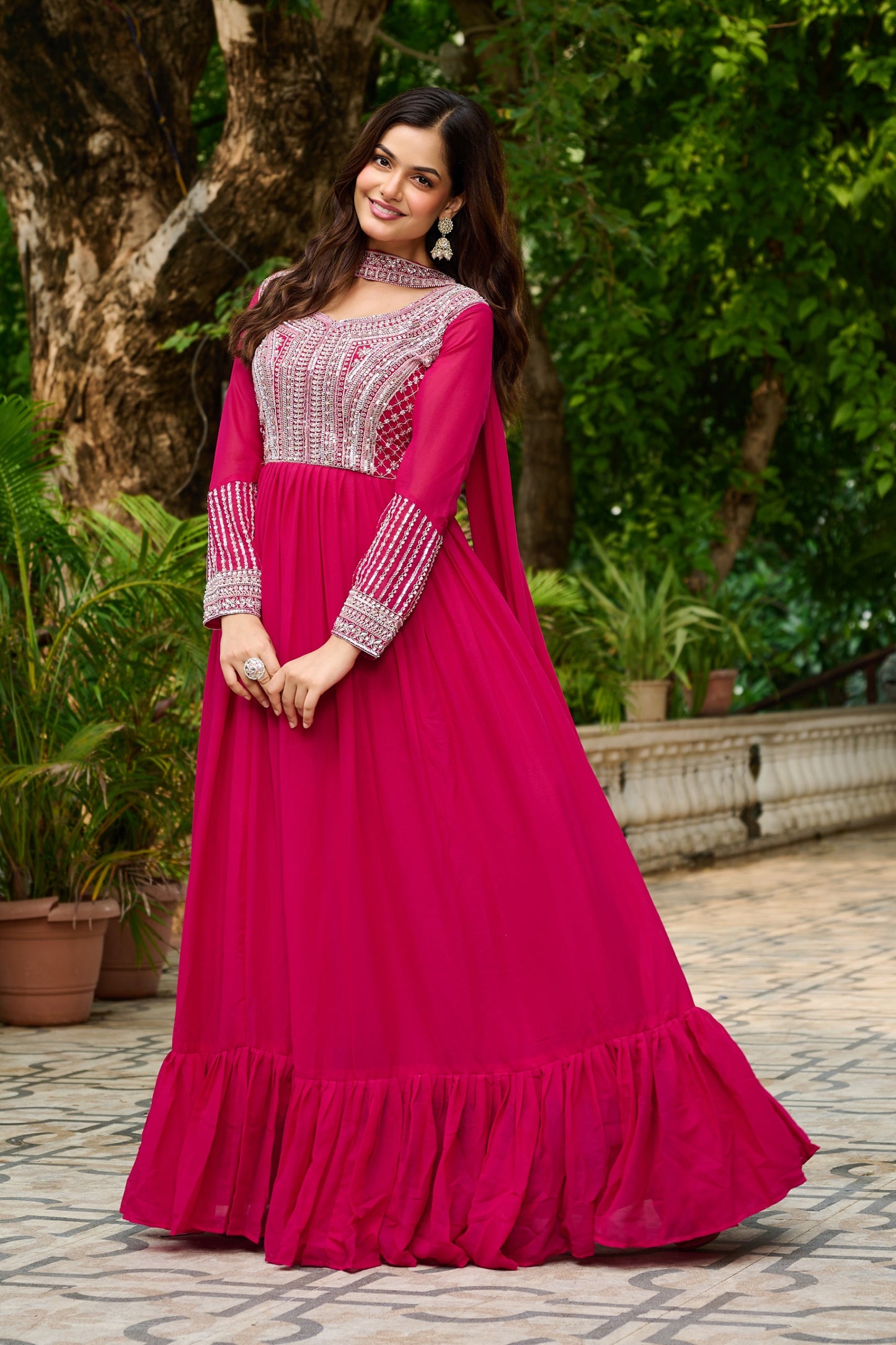 Pink Star Georgette Sequins Work Gown With Dupatta