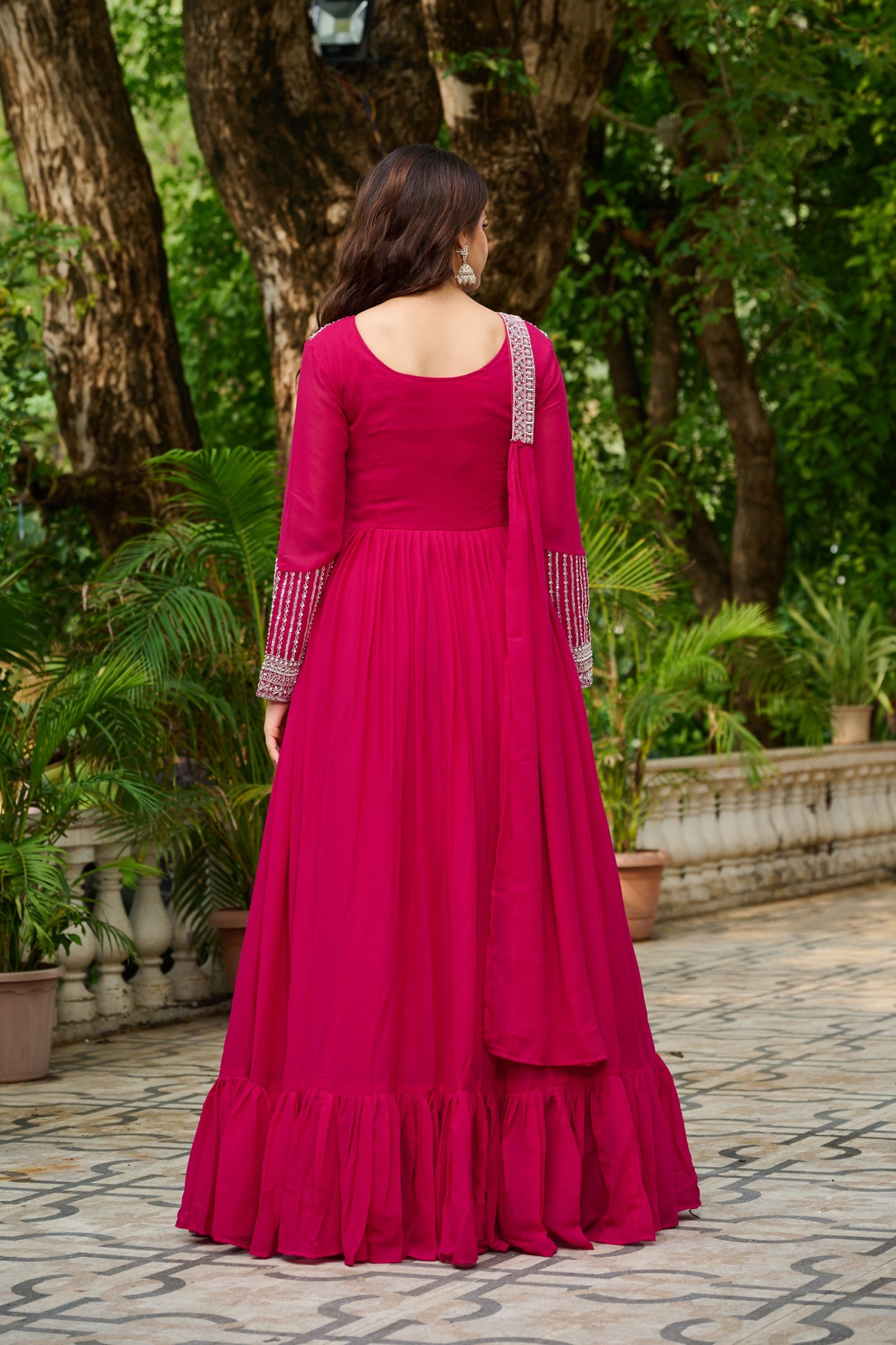 Pink Star Georgette Sequins Work Gown With Dupatta