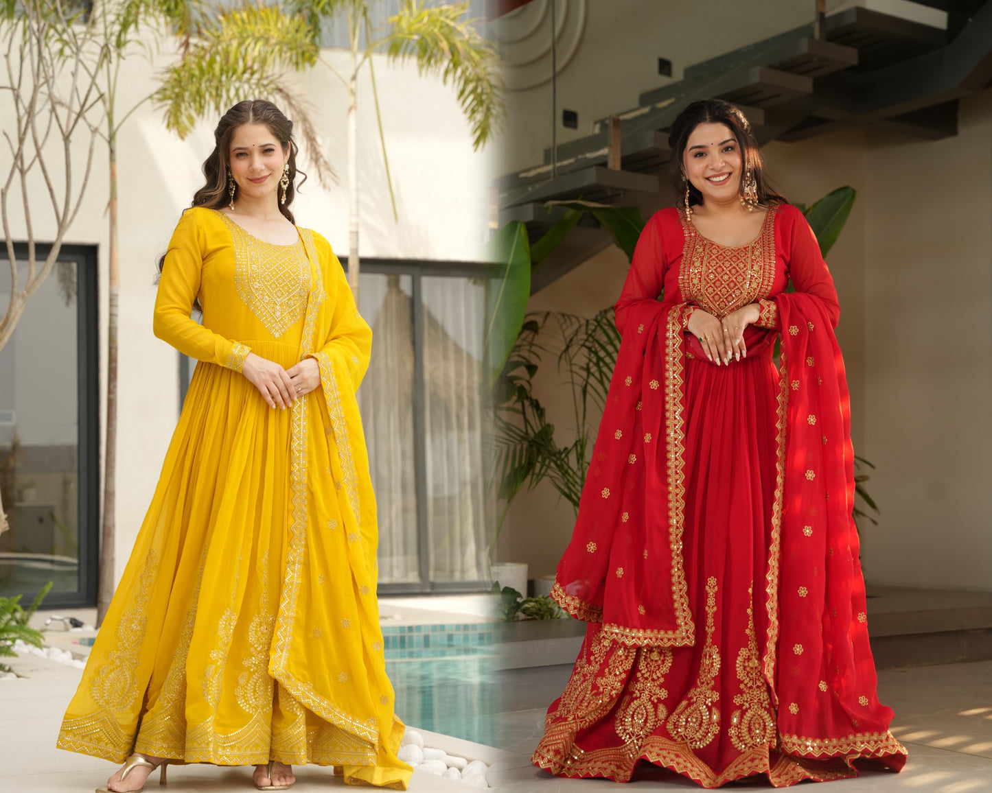 Red  Faux Blooming with Embroidery Zari Sequins Work Gown With Dupatta