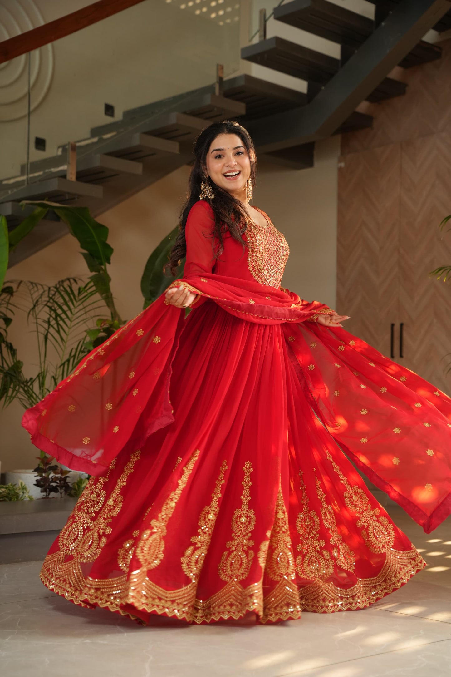 Red  Faux Blooming with Embroidery Zari Sequins Work Gown With Dupatta