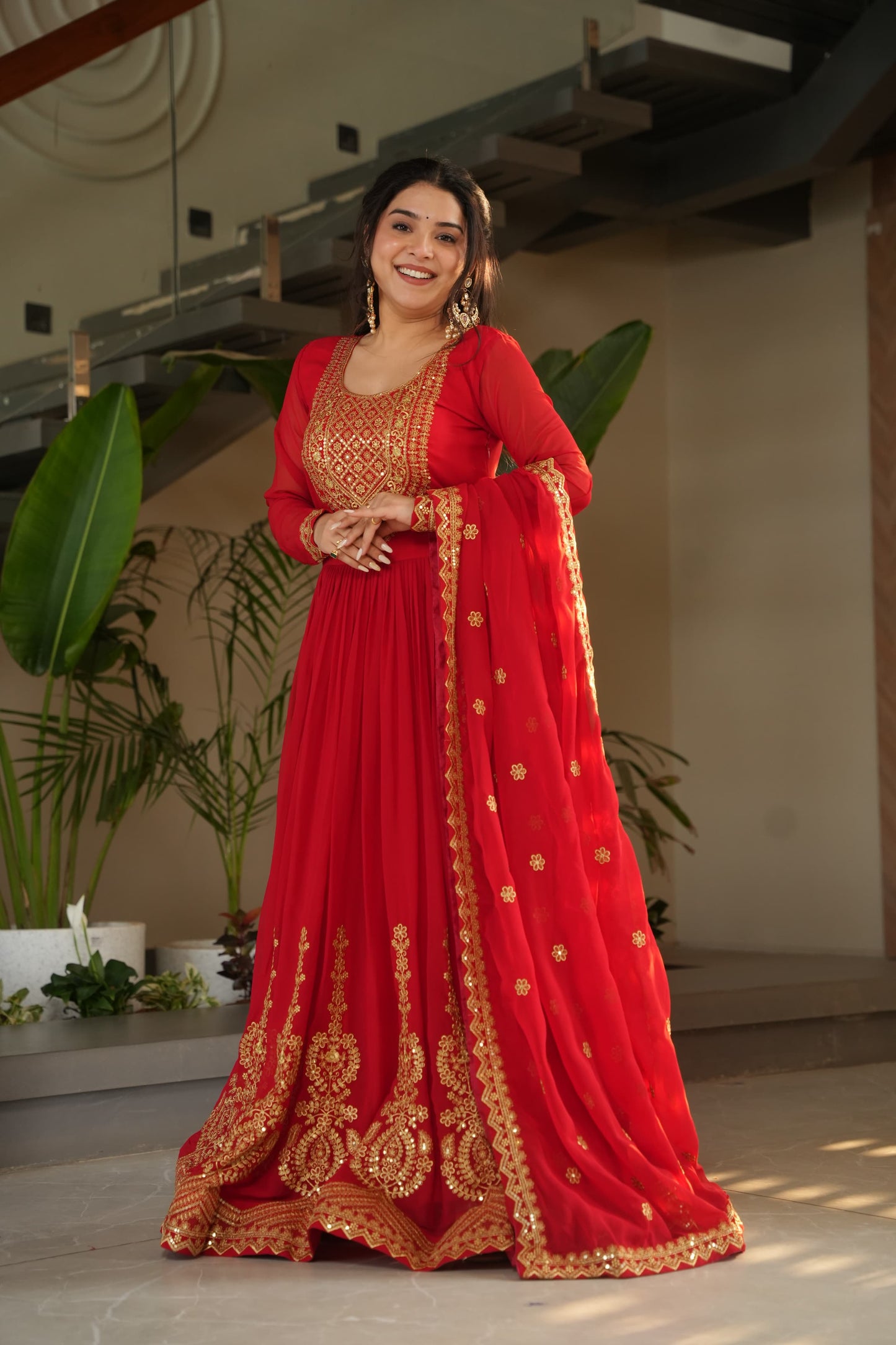 Red  Faux Blooming with Embroidery Zari Sequins Work Gown With Dupatta