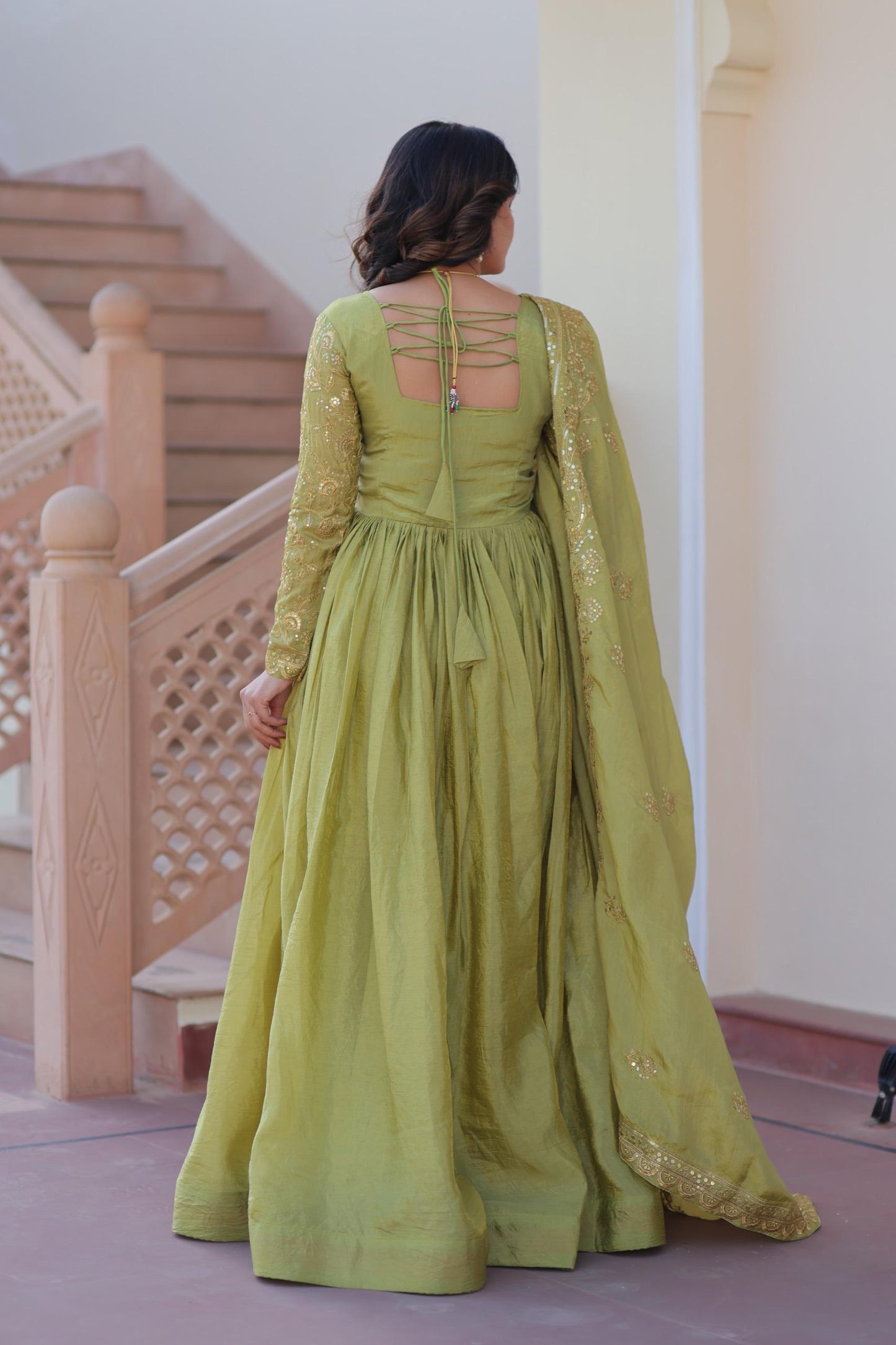 Parrot Green Gold-Crush Fabric with Sequins Work Gown With Dupatta