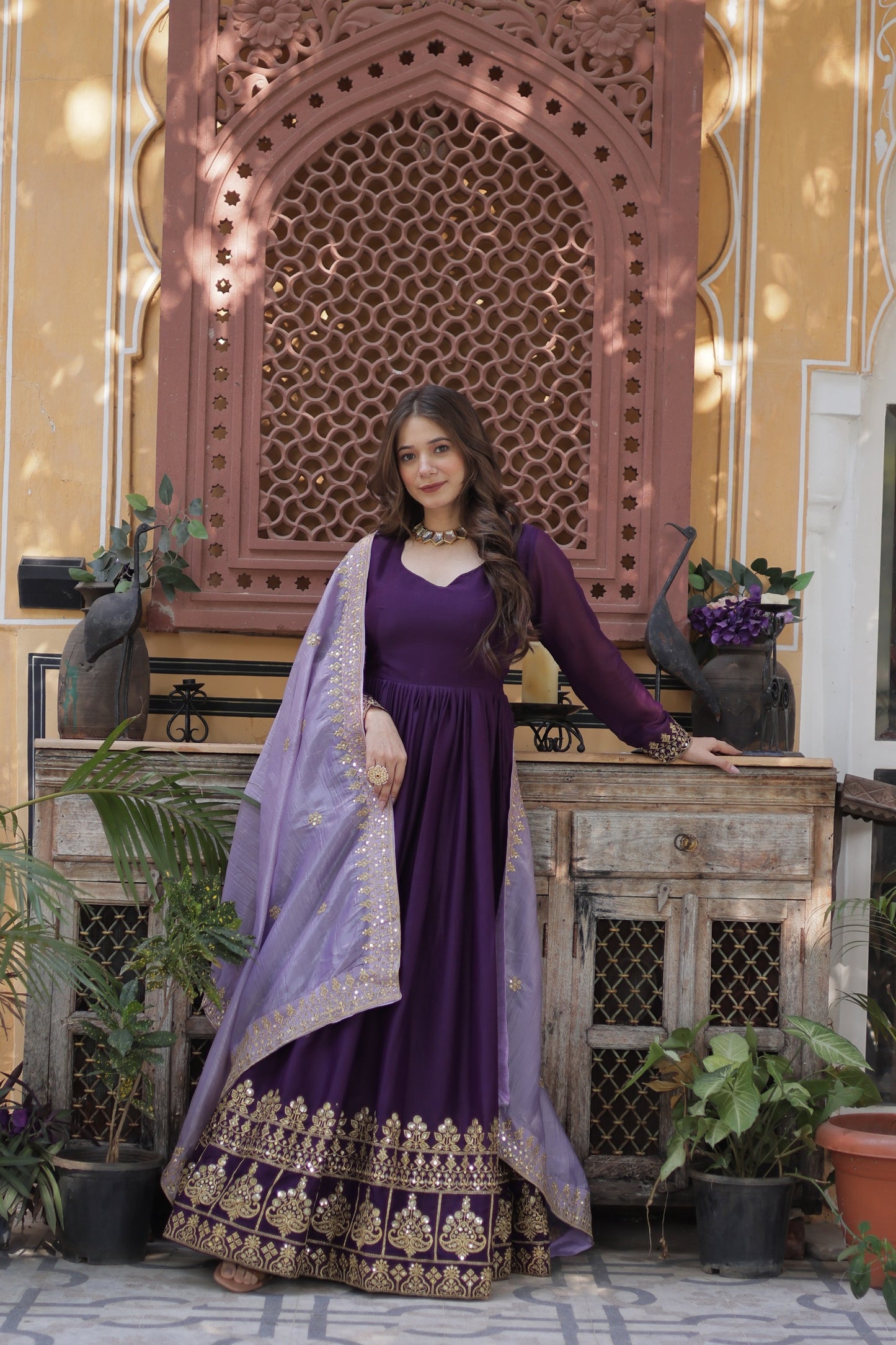 Wine Star Georgette with Embroidery Zari Sequins Work Gown With Dupatta