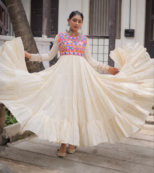 White Kora Cotton with Multi-Thread Embroidered Gamthi Work Gown