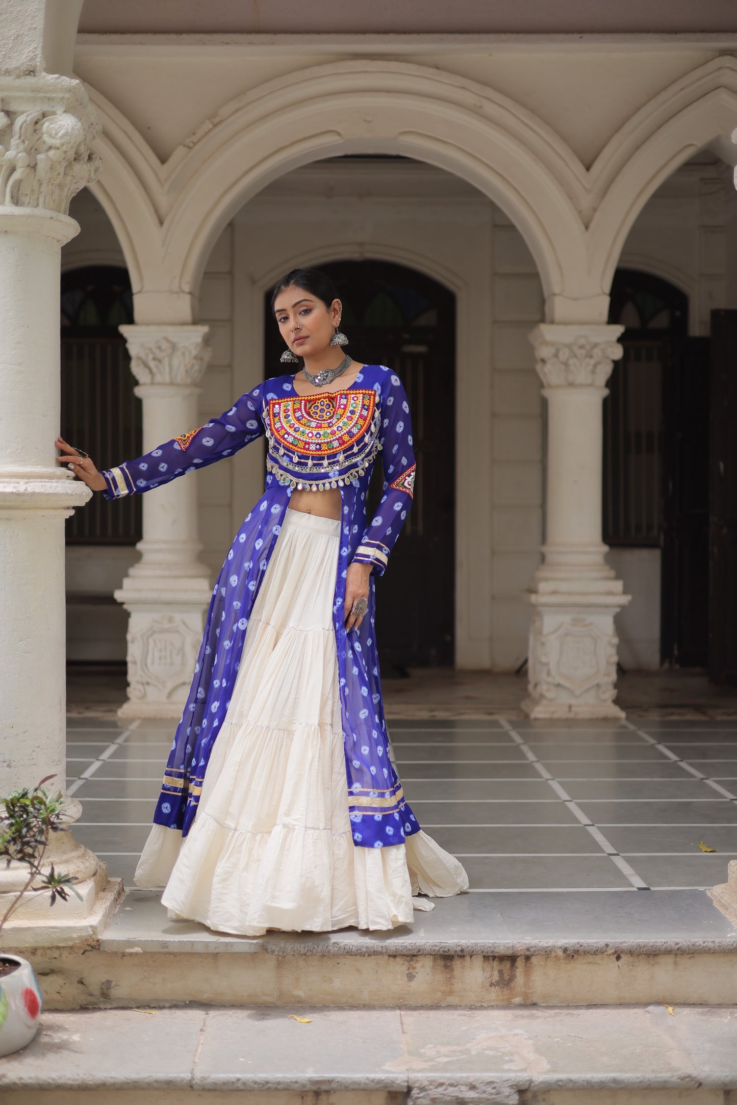 Blue color Kora Cotton  Bandhani Print Lehenga With Kurti