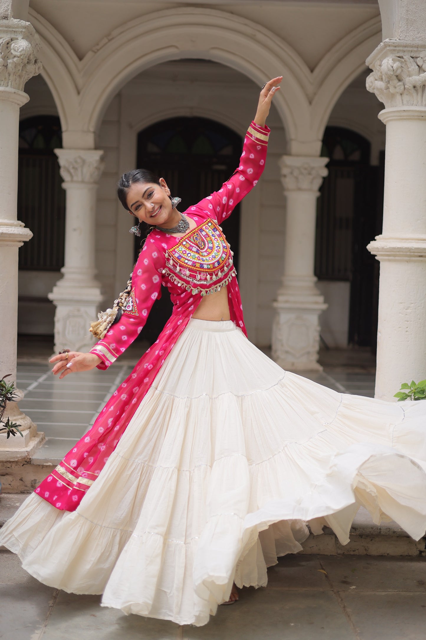 Pink color Kora Cotton  Bandhani Print Lehenga With Kurti