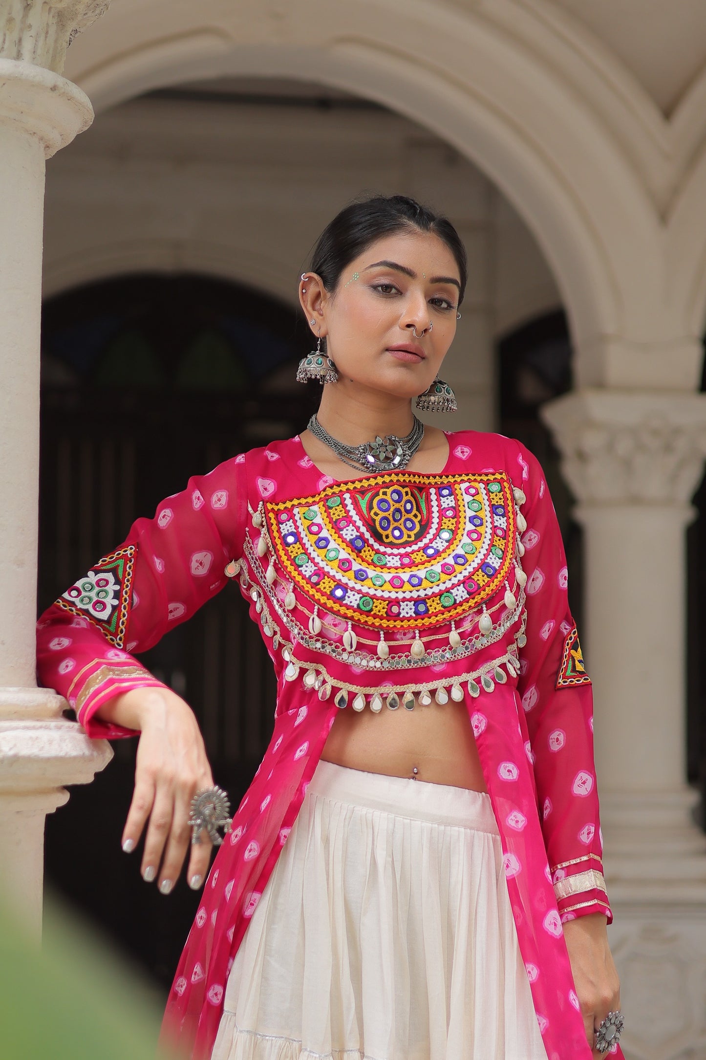 Pink color Kora Cotton  Bandhani Print Lehenga With Kurti
