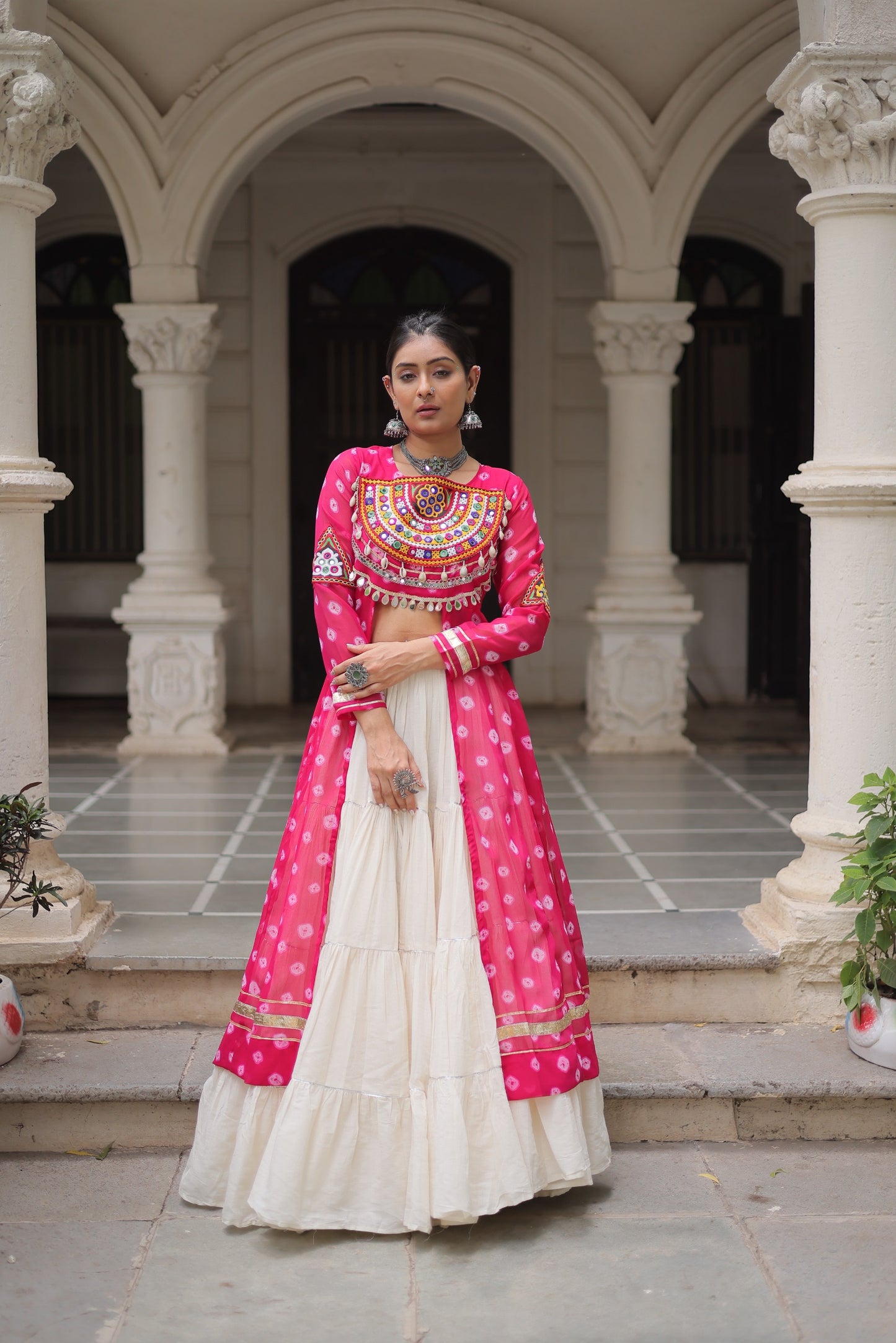 Pink color Kora Cotton  Bandhani Print Lehenga With Kurti