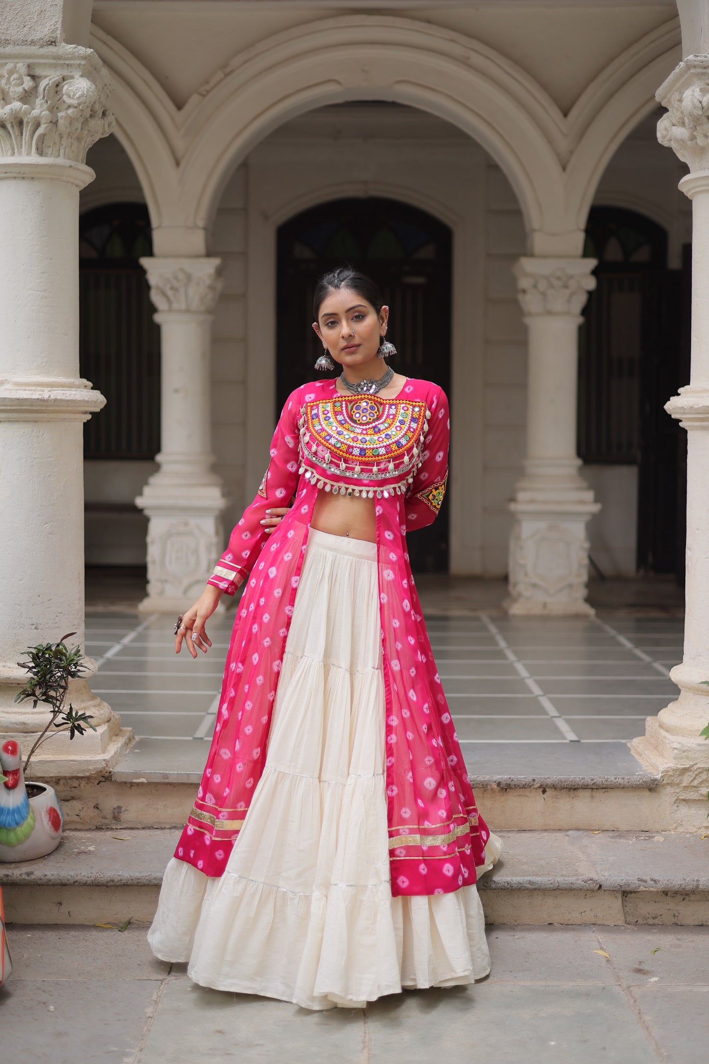 Pink color Kora Cotton  Bandhani Print Lehenga With Kurti