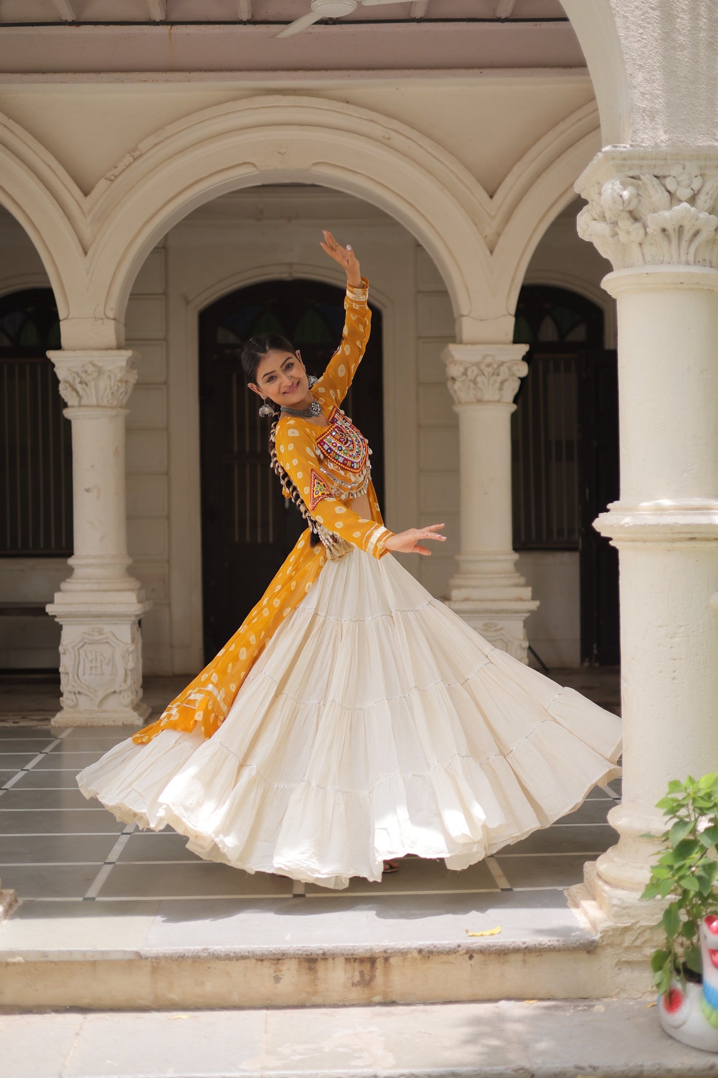 Yellow color Kora Cotton  Bandhani Print Lehenga With Kurti