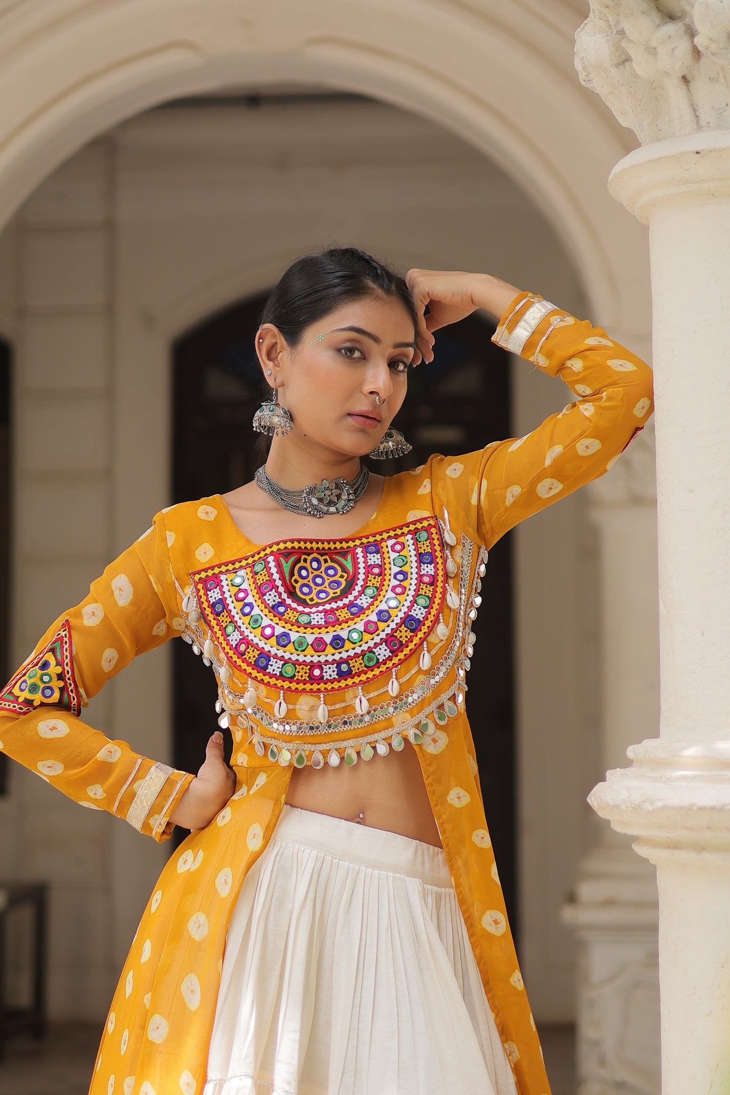 Yellow color Kora Cotton  Bandhani Print Lehenga With Kurti