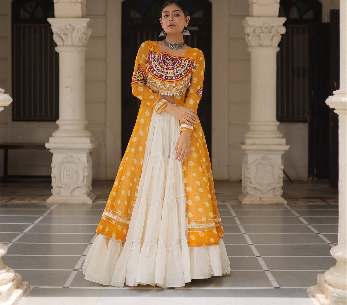 Yellow color Kora Cotton  Bandhani Print Lehenga With Kurti