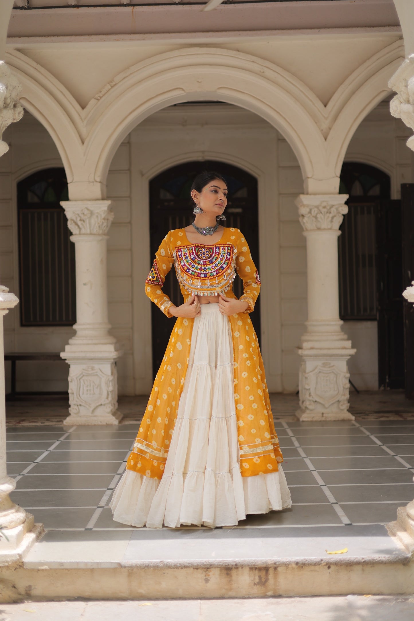 Yellow color Kora Cotton  Bandhani Print Lehenga With Kurti