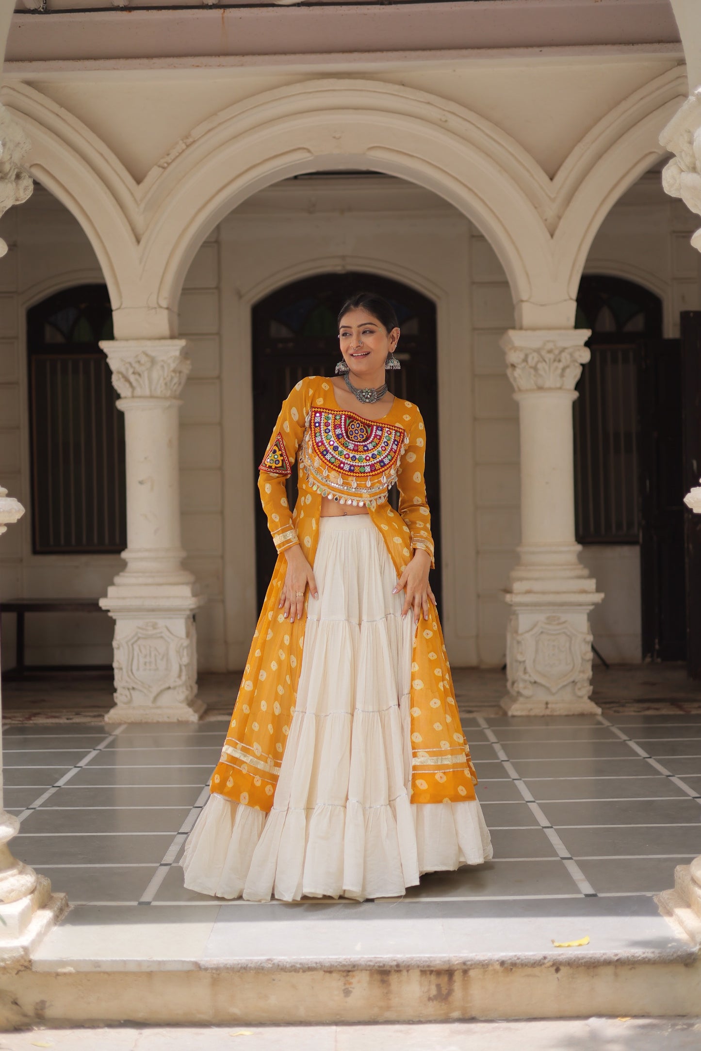 Yellow color Kora Cotton  Bandhani Print Lehenga With Kurti