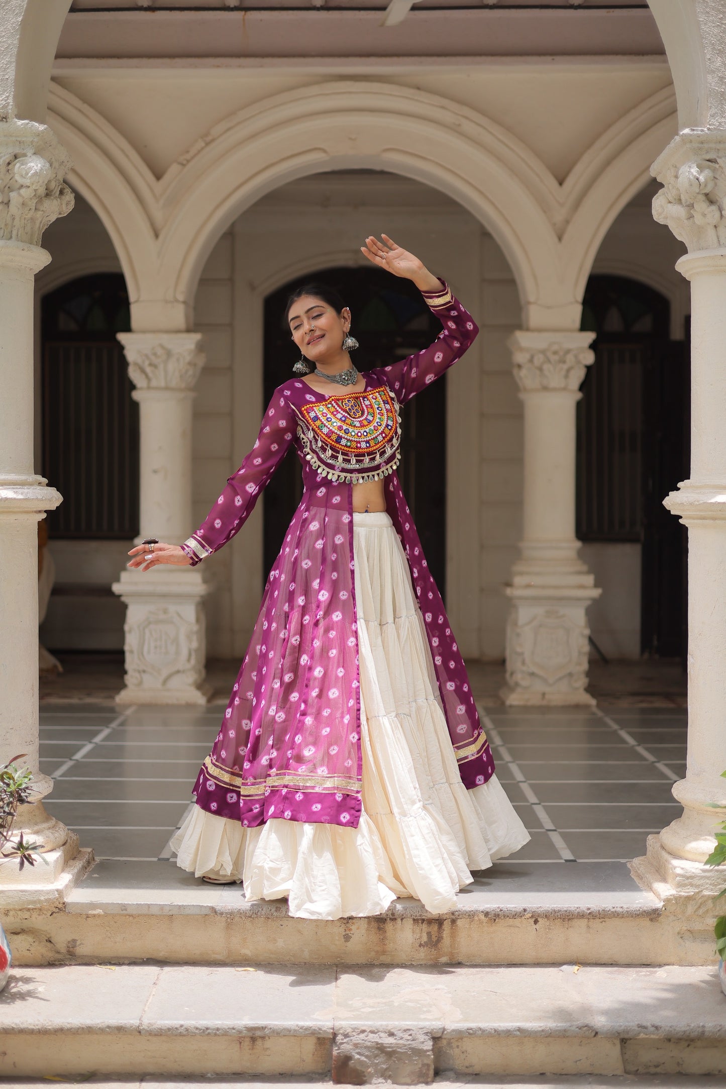 Purple color Kora Cotton  Bandhani Print Lehenga With Kurti