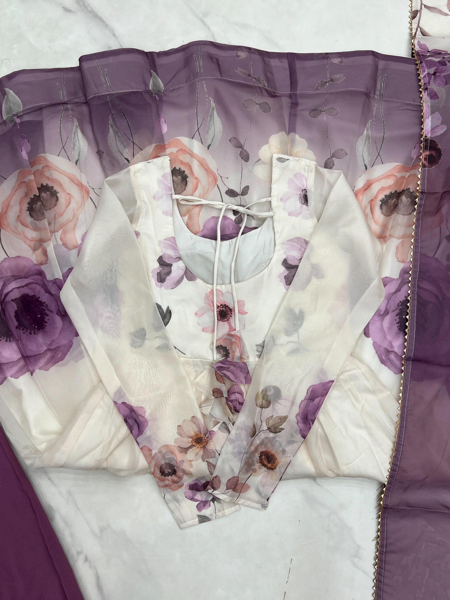 Violet Soft Organza Silk Jari Floral Work 3pc Kurta Set