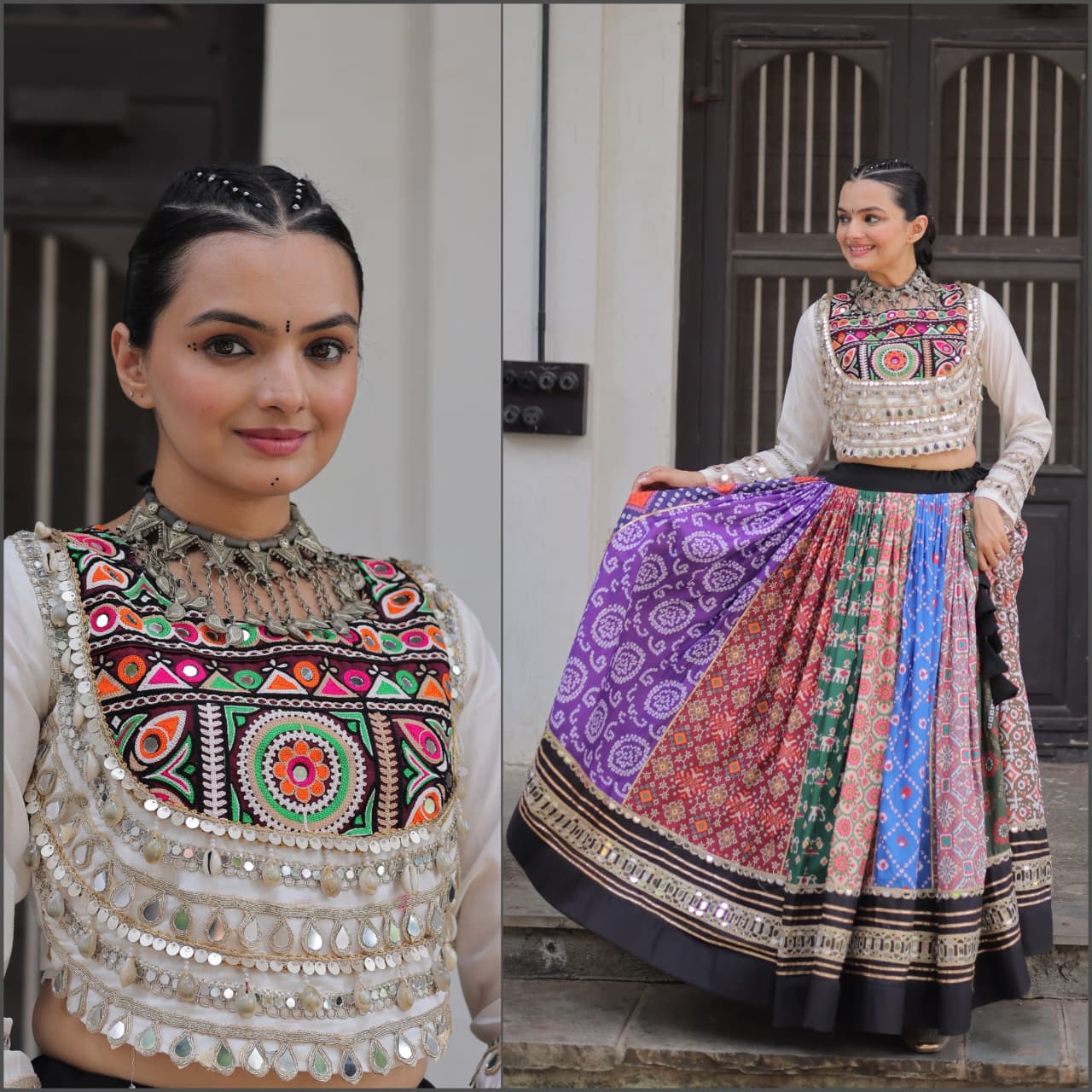 White Multicolor  Cotton Printed with AttractiveReal Mirror Lace Work Lehenga Choli