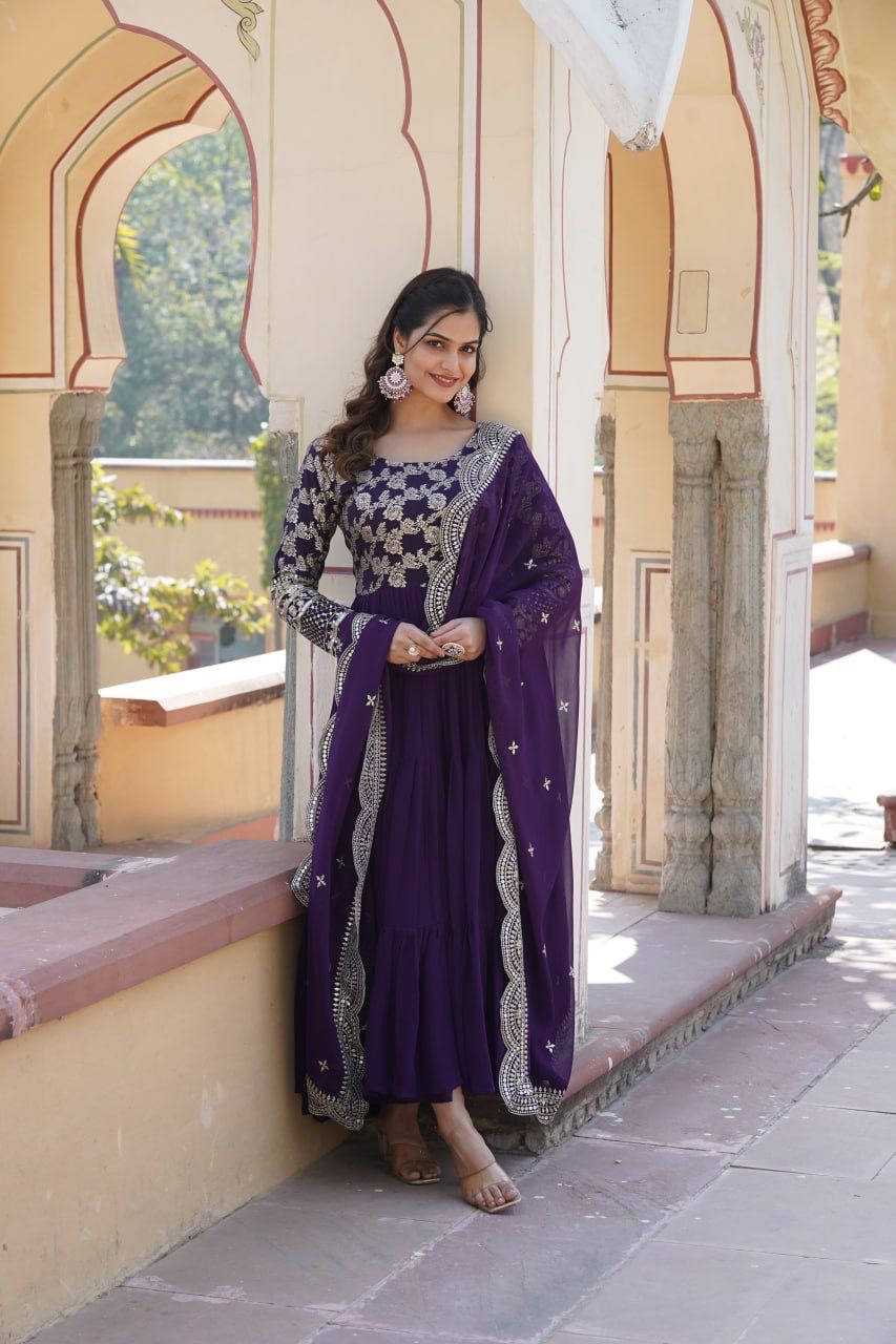 EMPRESS PURPLE JACQUARD VISCOSE WITH SOFT GEORGETTE ANARKALI GOWN WITTTH DUPATTA