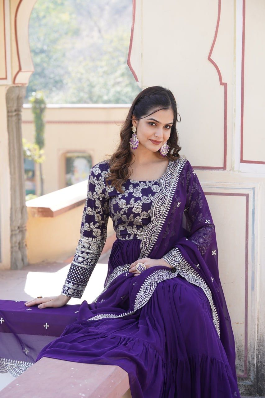 EMPRESS PURPLE JACQUARD VISCOSE WITH SOFT GEORGETTE ANARKALI GOWN WITTTH DUPATTA