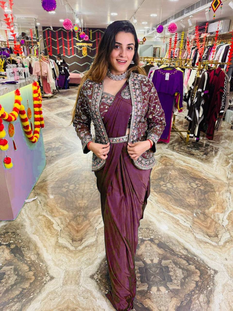 Heavy Satin Embroidery Work Saree