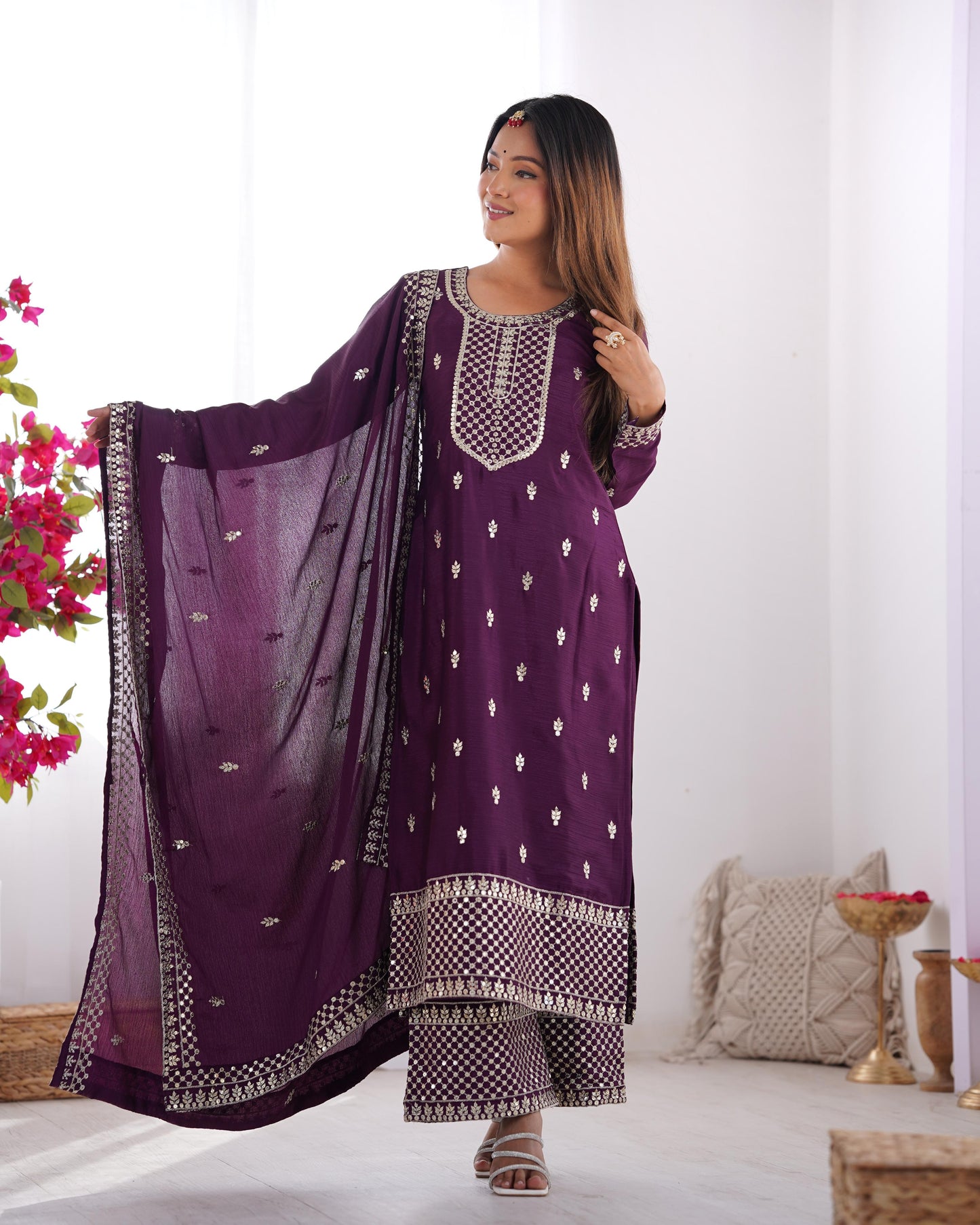 Wine Whisper β Elegant Embroidered Chinon Silk Straight Kurta Set with Dupatta