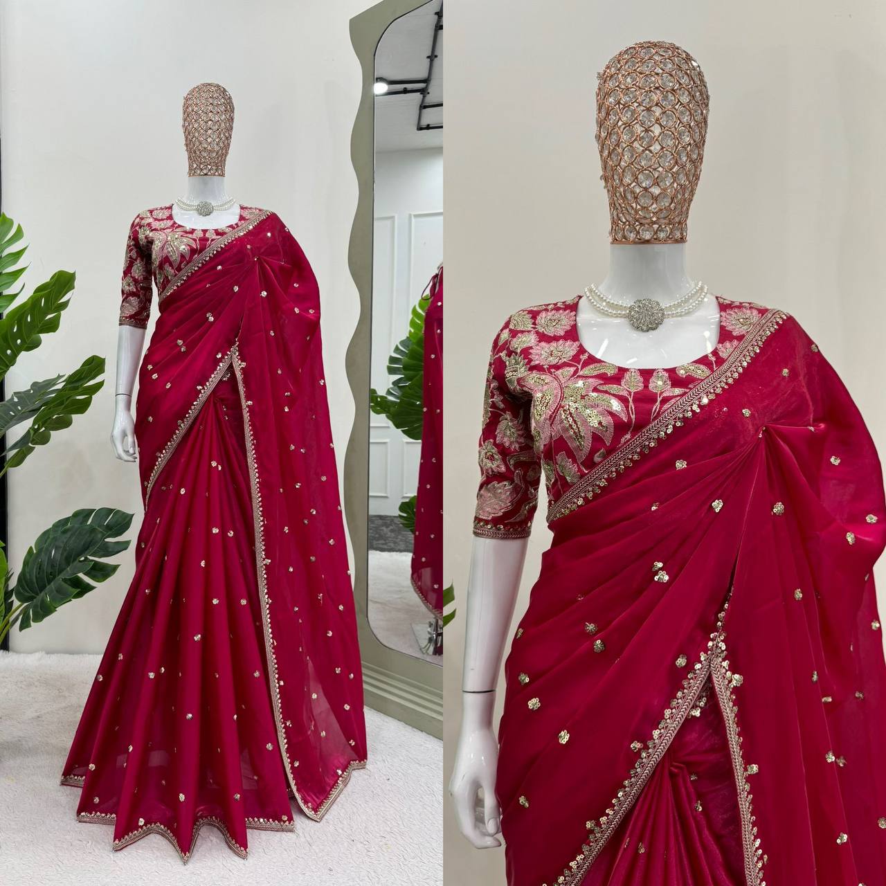 Rose Red Jimmy Chu Sequince Work Saree