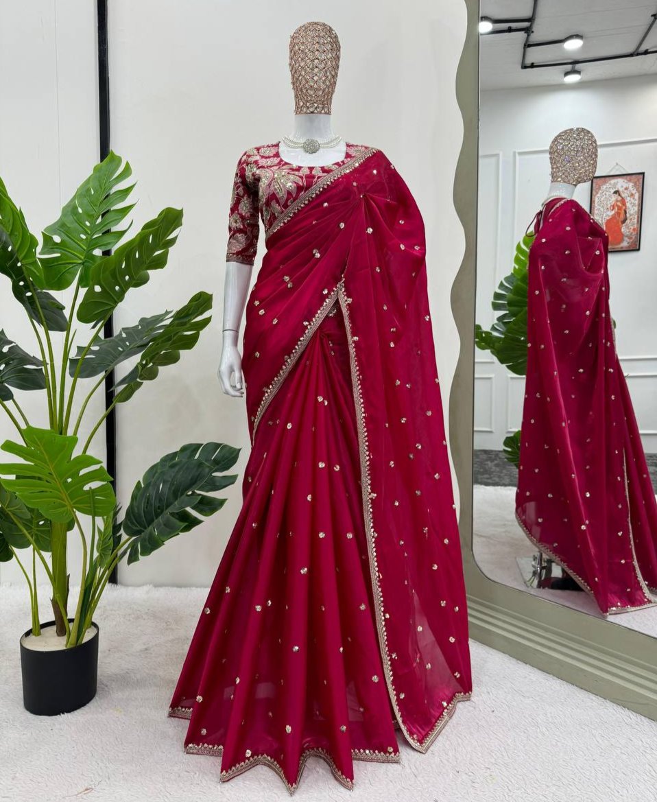 Rose Red Jimmy Chu Sequince Work Saree