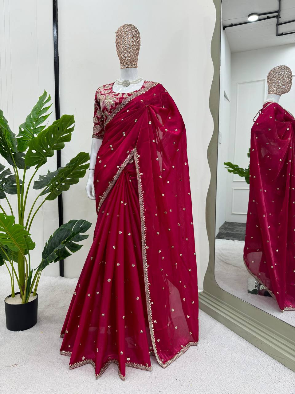 Rose Red Jimmy Chu Sequince Work Saree