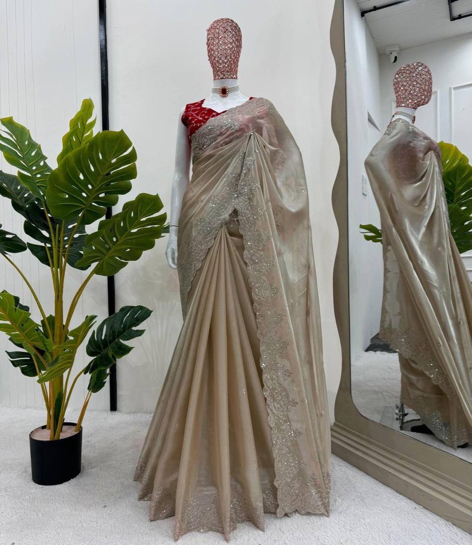 Golden Jimmy Chu Thred Sequnce Work Saree