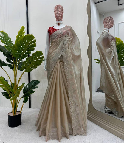 Golden Jimmy Chu Thred Sequnce Work Saree