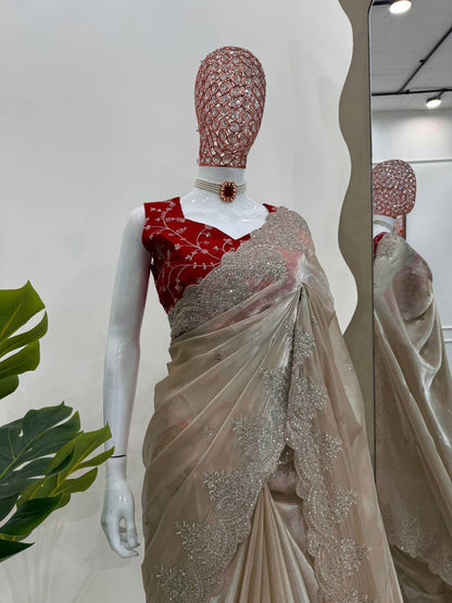 Golden Jimmy Chu Thred Sequnce Work Saree