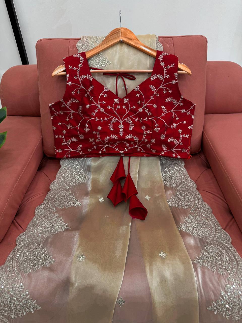 Golden Jimmy Chu Thred Sequnce Work Saree