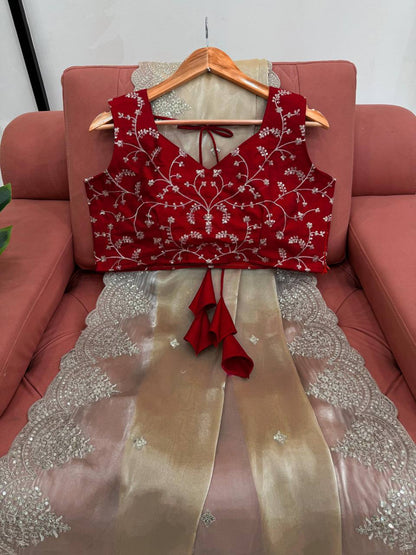 Golden Jimmy Chu Thred Sequnce Work Saree