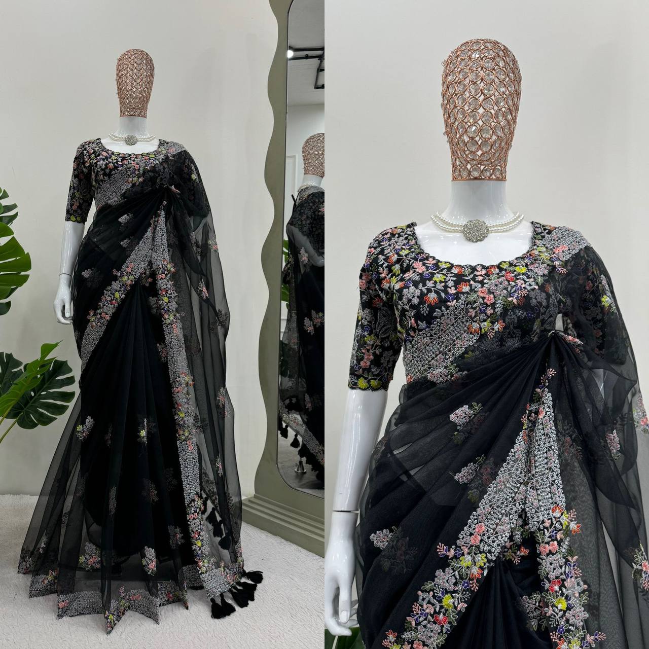 Black Tibby Silk With Tassels Saree