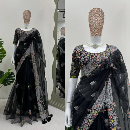 Black Tibby Silk With Tassels Saree