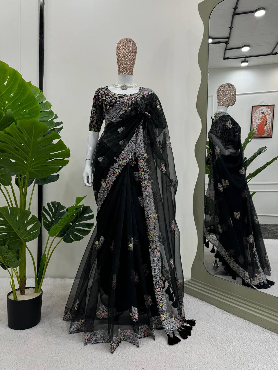 Black Tibby Silk With Tassels Saree