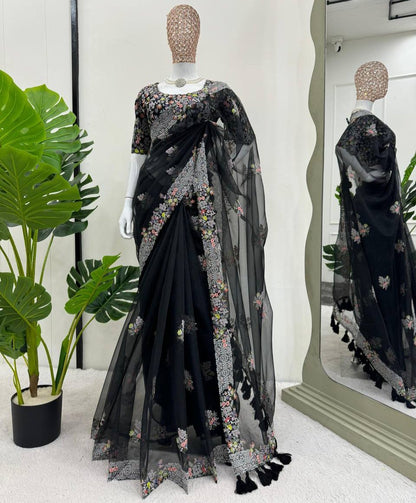 Black Tibby Silk With Tassels Saree