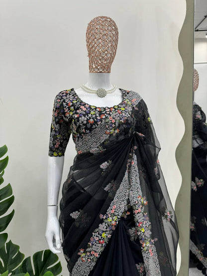 Black Tibby Silk With Tassels Saree