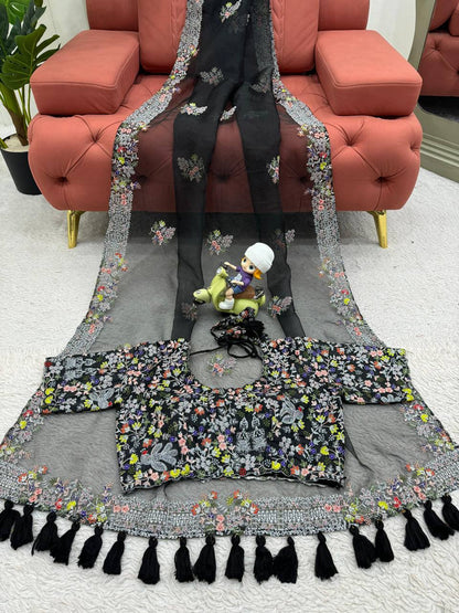 Black Tibby Silk With Tassels Saree