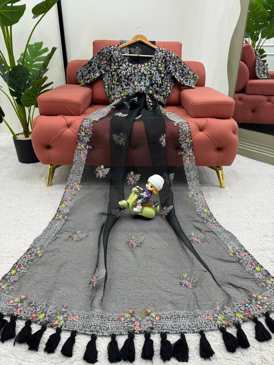 Black Tibby Silk With Tassels Saree