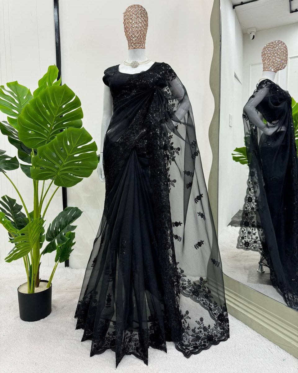 Black Organza Silk With Sequince Work Saree