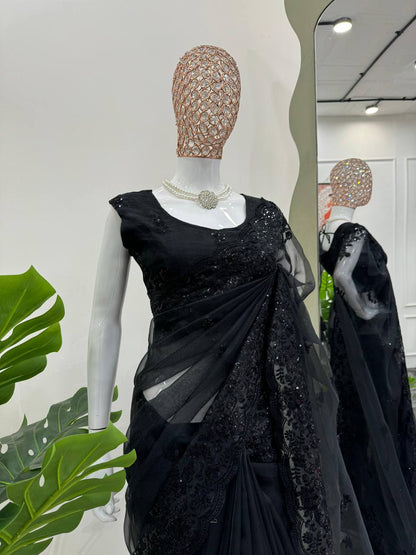 Black Organza Silk With Sequince Work Saree