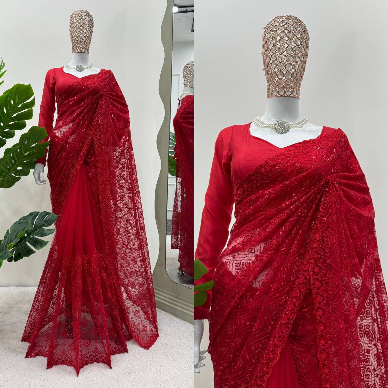 Deep Red  Soft Net With thred Work Saree