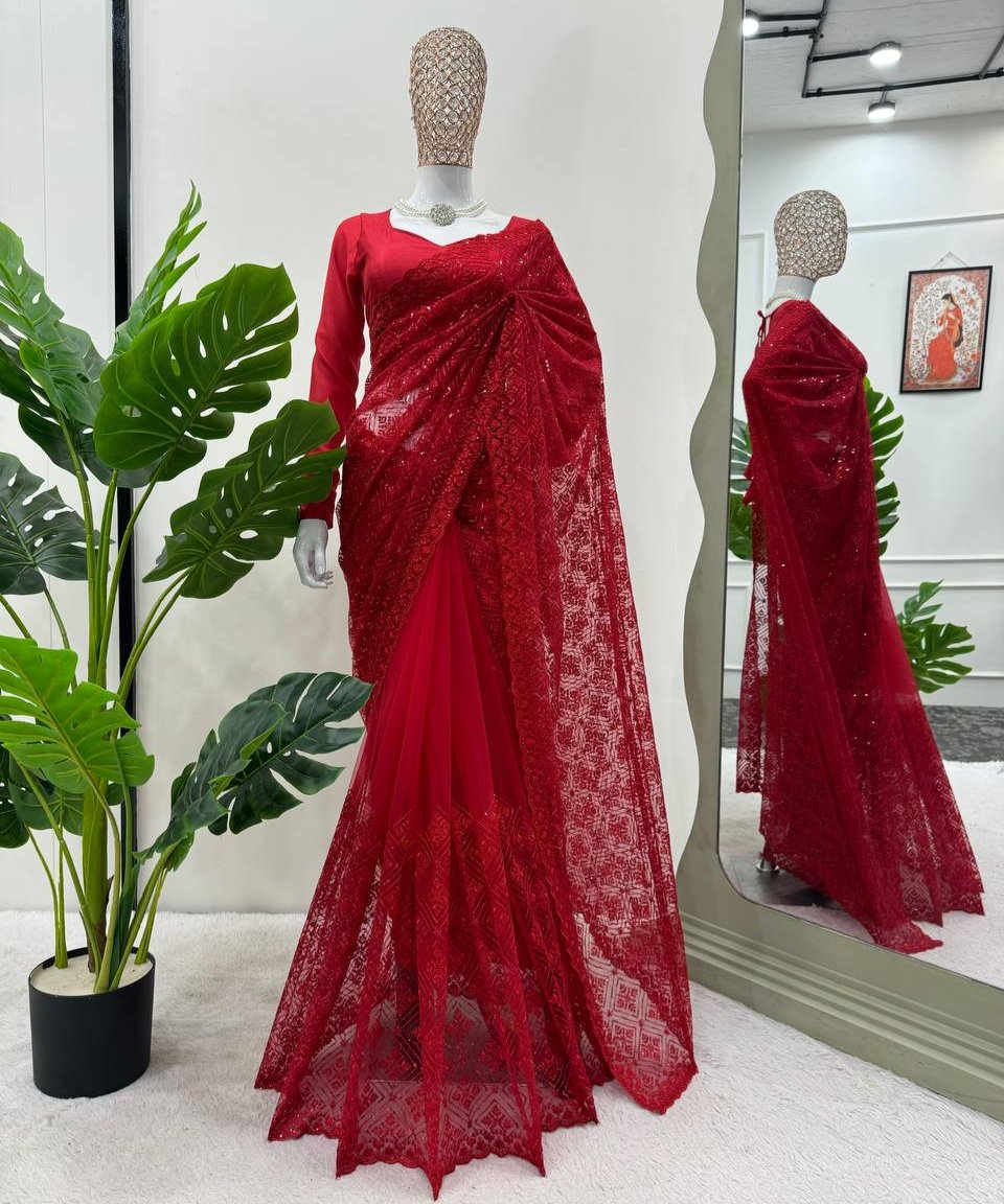Deep Red  Soft Net With thred Work Saree