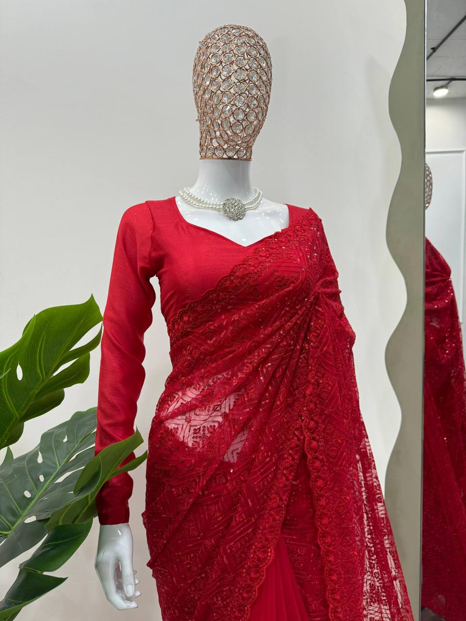 Deep Red  Soft Net With thred Work Saree